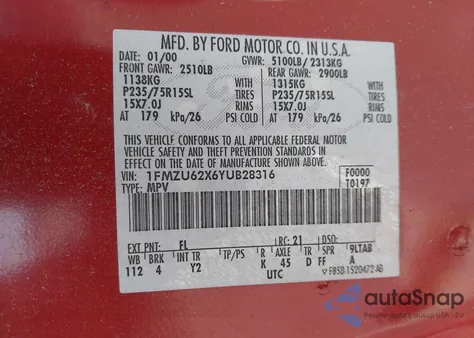 2000 Ford Explorer Xls из США, поврежденный, VIN 1FMZU62X6YUB28316